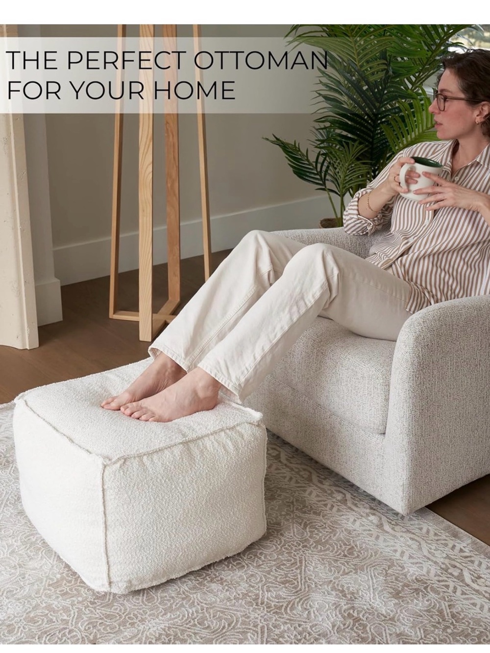 Neutral Cream Bouclé Footrest Pouf - Zicoto NWT - Picture 3 of 5